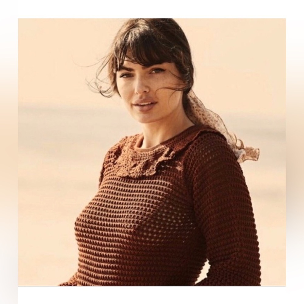 Doen Size Large Talia Knit Pima Cotton Sweater in Chile with Crochet Lace Collar - Picture 5 of 15